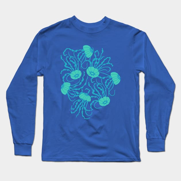 JELLIES Gently Swimming Jellyfish Coastal Ocean Undersea Aquarium Sea Creatures in 1970s Retro Turquoise on Blue - UnBlink Studio by Jackie Tahara Long Sleeve T-Shirt by UnBlink Studio by Jackie Tahara